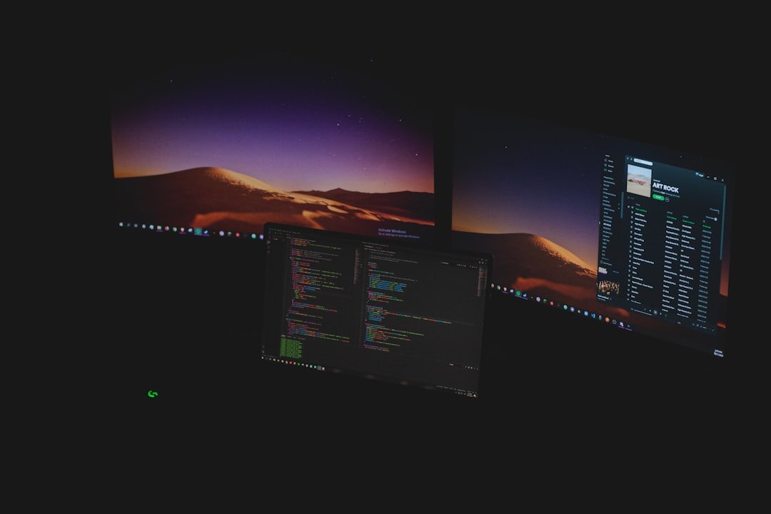Futuristic AI workspace with multiple screens showing data and code
